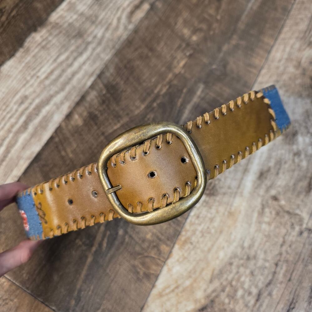 Vintage Denim Leather Belt Whipstitch Floral Embroidered Wide Belt Boho 30 - Picture 5 of 11